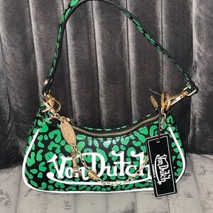 NEW VON DUTCH LIME GREEN CHEETAH SHOULDER BAG Small PURSE BAGUETTE Y2K